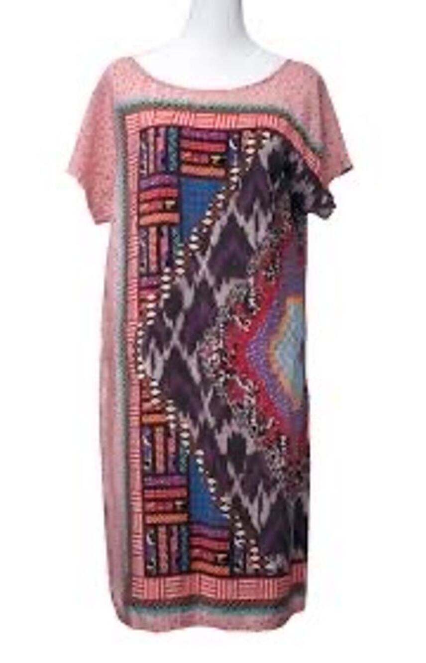 Anthropologie HeyHoe 100% silk Askew T shirt Shift Dress S Tribal Boho Pink